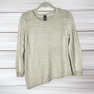 MARLAWYNNE Cotton Linen Blend Crew Neck Beige Sweater Top Asymmetrical Hem